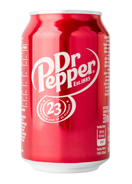 Can Dr Pepper. Non-alcoholic carbonated drink. Isolated object on transparent background