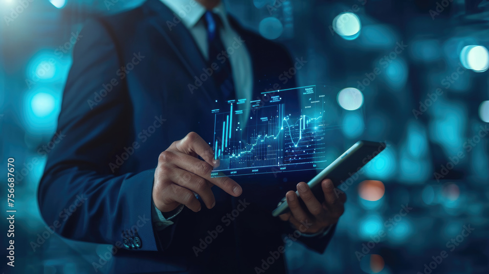 Poster businessman in a dark suit using a tablet with holographic financial charts projected in front of hi