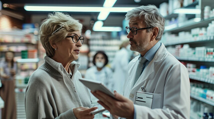 Pharmacist in a white coat and glasses having a consultation with a female patient in a pharmacy, holding a digital tablet and discussing her medical needs. - obrazy, fototapety, plakaty
