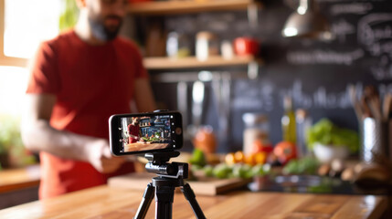 Man is focused on adjusting a camera in a home kitchen setting, with a video setup in the background, suggesting he is filming a cooking tutorial or vlog. - obrazy, fototapety, plakaty