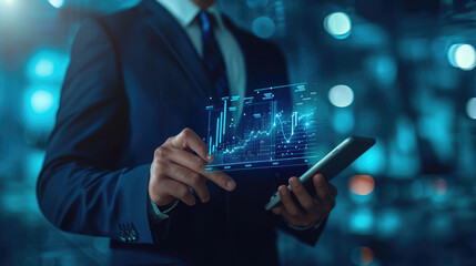 Businessman in a dark suit using a tablet with holographic financial charts projected in front of him, suggesting a high-tech approach to business analytics - obrazy, fototapety, plakaty
