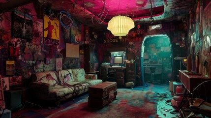 Interior of a dark room with graffiti on walls and a sofa