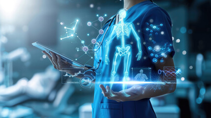 Healthcare professional is using a tablet that displays a holographic projection of a human anatomy model, showcasing various internal systems.