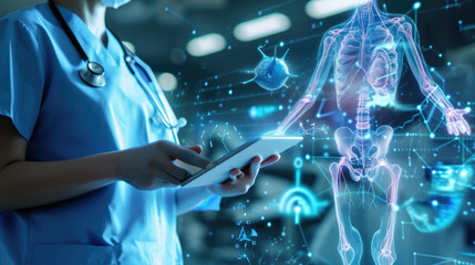 Healthcare professional is using a tablet that displays a holographic projection of a human anatomy model, showcasing various internal systems.