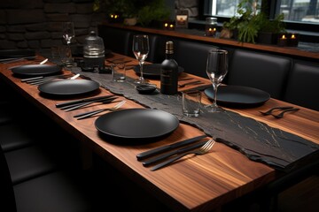 cutlery setting on a restaurant table advertising food photography - obrazy, fototapety, plakaty