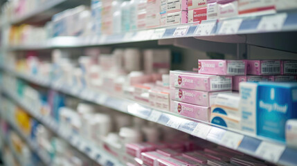 Fototapeta premium Shelf in a pharmacy stocked with various medication boxes, with a focus on the packaging in the foreground and a blurred background