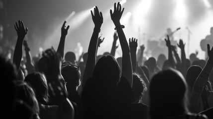 Monochrome image of a crowd at a concert, with many hands raised in the air, silhouetted against...
