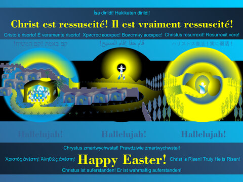 Paschal Triduum with inscription Hallelujah and wishes in various languages - last supper of Lord Jesus with Apostles, Crucifixion of Jesus on Mount Golgotha and Resurrection of Lord Jesus.