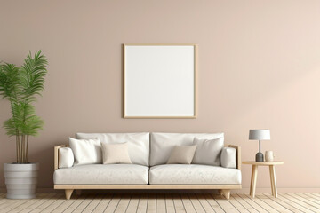 Envision a serene scene with a single beige and Scandinavian sofa accompanied by a white blank empty frame for copy text, against a soft color wall background.
