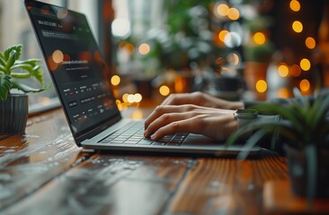 Person typing on laptop on table with wooden surface