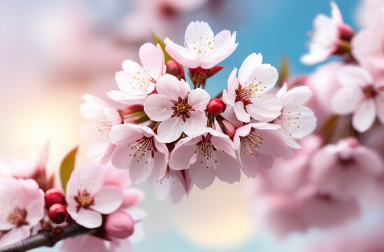 beautiful image of blooming cherry blossoms against backdrop of clear sky, vibrant, colorful scene evokes essence of spring and summer, refreshing and seasonal banner for various purposes.