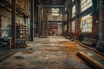 Foto op Canvas Exploring an abandoned warehouse, this image captures decay and a bygone era through its rusty and desolate interior © Dacha AI