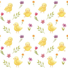 Spring watercolor pattern with yellow cute chickens and spring flowers. Cute Easter Seamless background with a small chicks surrounded by flowers on a white background. 