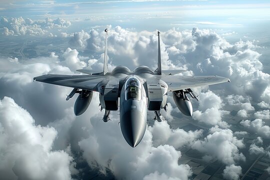 A military fighter jet flying at high altitude among scattered clouds, representing air force power