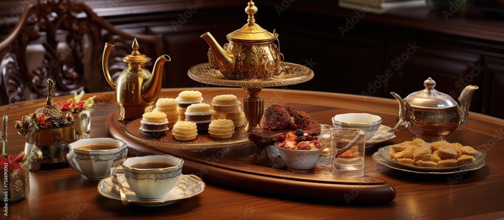 Poster A wooden table set with an array of tableware including plates of delicious food and teapots, creating a delightful spread for a special event