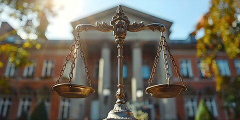 Symbol of Justice: Legal Scales Outside Courthouse Representing Family Statutes. Concept Legal Representation, Courthouse Scales, Family Law, Symbolism, Justice System - obrazy, fototapety, plakaty
