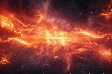 A vibrant digital illustration of a fiery cosmic energy flow, representing chaos and creation in the universe