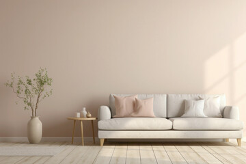 Fototapeta na wymiar Envision a serene scene with a single beige and Scandinavian sofa accompanied by a white blank empty frame for copy text, against a soft color wall background.