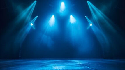 Rays, spotlights light. Empty dark scene with blue light. Asphalt blue dark background with smoke.