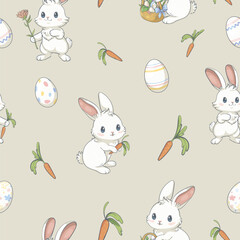 Seamless pattern with white bunnies and Easter eggs - 756690249