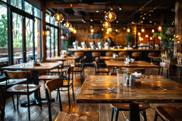 Fototapeta na wymiar An inviting cafe interior with wooden tables and warm pendant lights, exuding comfort and style