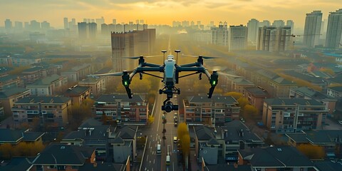 Unmanned aerial vehicle equipped for monitoring and policing duties in urban area . Concept UAV Technology, Urban Monitoring, Police Surveillance, Law Enforcement, Aerial Patrols - obrazy, fototapety, plakaty