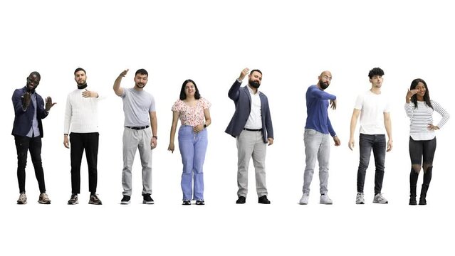 A group of people, in full height, on a white background, are invited to their place