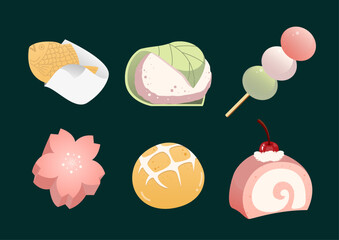 Vector set of Japanese pastry, traditional sweet, Asian pastry vector illustration.