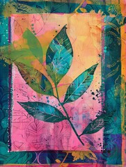 A painting featuring a single green leaf against a pink background.