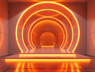 Naklejka premium Modern abstract orange neon light tunnel, futuristic corridor background.