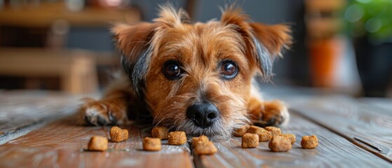 Kitchen table dog begging for food. - obrazy, fototapety, plakaty