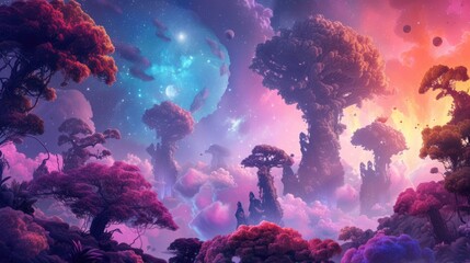 Vibrant floating islands with lush, colorful trees defy gravity in an otherworldly cosmic space, creating a scene from a fantastical dream. Resplendent. - obrazy, fototapety, plakaty