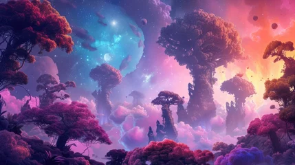 Foto op Plexiglas Vibrant floating islands with lush, colorful trees defy gravity in an otherworldly cosmic space, creating a scene from a fantastical dream. Resplendent. © Summit Art Creations