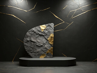 Elegant Black Gold Stone Wall and Podium with Mockup Space
