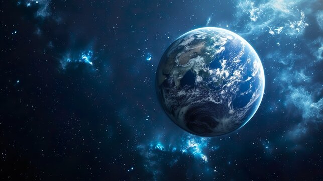 Sphere of nightly Earth planet in outer space. City lights on planet. Life of people. Solar system element.