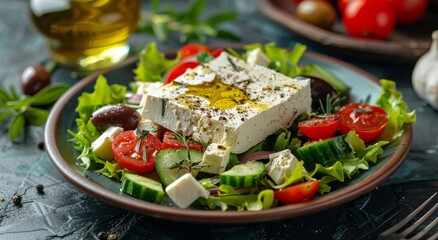 Fresh Salad With Cucumbers, Tomatoes, Olives, and Feta Cheese - obrazy, fototapety, plakaty