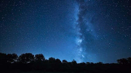 Fototapeta na wymiar Blue dark night sky with many stars above field of trees. Milky way