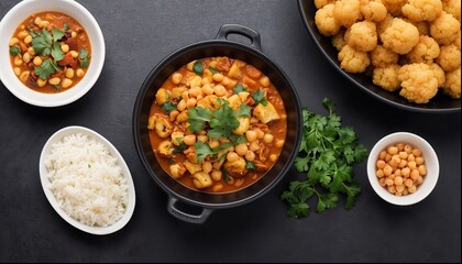 A black plate of chickpeas with rice.