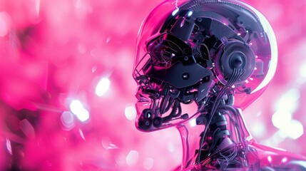 A pink and black robot wearing headphones