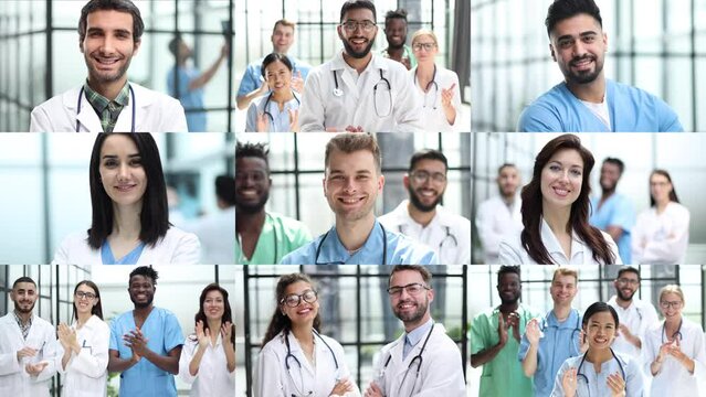 physicians and nurses from different countries. Advertising banner, collage, panorama.