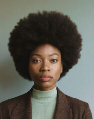 black woman with a deep gaze and afro pop style