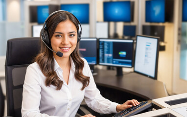 A smiling young woman in her 20s, wearing a white blouse, operates a computer and provides customer support with a headset in a modern office setting; displays professionalism and friendly assistance