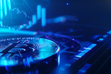 Abstract background of cryptocurrency blockchain, charts and glass, market analysis, coin growth