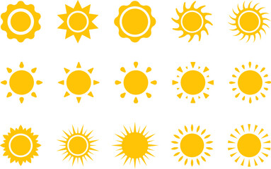 Vector cartoon, comic yellow sun shining light rays heat the summer. Isolated on white background