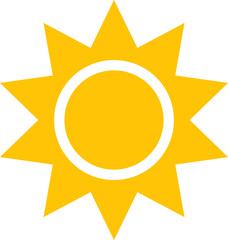 Vector cartoon, comic yellow sun shining light rays heat the summer. Isolated on white background