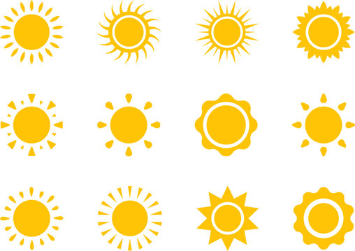Vector cartoon, comic yellow sun shining light rays heat the summer. Isolated on white background