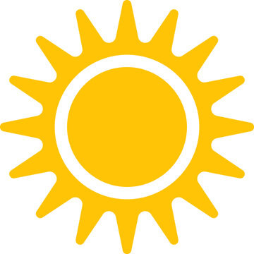 Vector cartoon, comic yellow sun shining light rays heat the summer. Isolated on white background