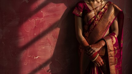 A woman mesmerizes in a red and gold sari, exuding grace and elegance - obrazy, fototapety, plakaty