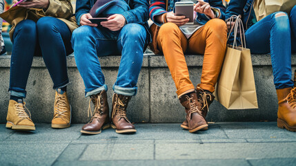 Close-up of four people's lower bodies sitting on steps, showcasing their legs and feet, with...