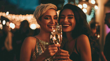 Two women smiling and toasting with champagne glasses at what appears to be a festive event. - Powered by Adobe